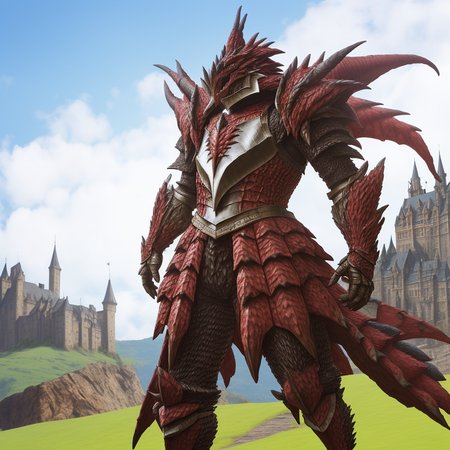 <lora:Rathalos_Armor:0.5>, rathalos armor, man wearing rathalos armor, castle background