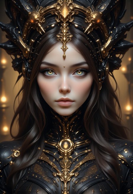score_9, score_8_up, score_7_up, realistic, elle,  cute, petite, (big beautiful eyes:1.2), gorgeous girl, cute face, 18yo, slim body, small perky breast, 8K, long wavy hair. majestic futuristic portrait. female figure. pale porcelain-like face. delicate facial features. Touch of mystery and grace. Elaborately designed, artistic headdress.  black and gold filigree complex details. advanced technology.  A dress. complex details. black. high collar. Mixed leather, lace and fine silk.  golden embroidery. glowing pendant. antique elegance.  futuristic functionality. Elle, Midjourney style, hkmagic
