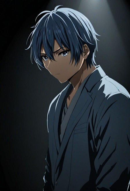 high resolution, solo, best quality, 1Boy, Tomoya Okazaki, Grey Blue Hair, cool, Mysterious black background, Movie lighting, a sense of atmosphere, OverallDetail