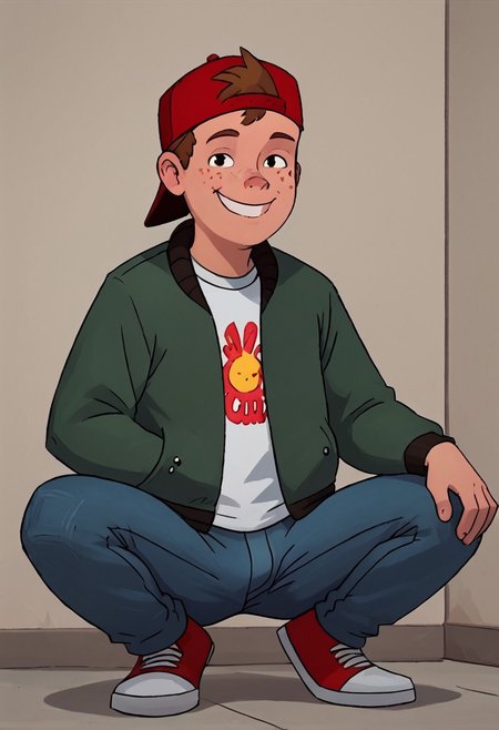 score_9, score_8, score_7, looking at viewer, bluejeans, smile, red hat, backwards hat, shirt, jacket, brown hair, freckles, 1boy, solo, full body,  squatting, Bulge,