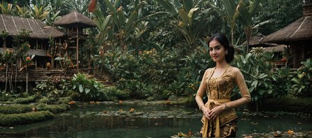 ((a closeup photo of beautiful barbie wearing kebaya2 batik)),ritual scenery in futuristic balinese village,beautiful,eyecatch,mythical flower landscape,forest,pond,street,<lora:cyber:0.3>,castle,<lora:FantasySettlement:0.3>,FanSe,<lora:howllatentDADAP4:0.3>,howlbgs,<lora:SyFyEye1_v2.0:0.3>,SyFyEye1,<lora:FantasyLandscape:0.3>,FanLan,<lora:flowers_landscape:0.3>,<lora:kebaya2:0.5>,cinematic photograph,bokeh,
