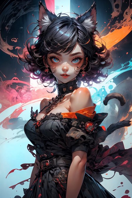 cat ears, (best quality, masterpiece1.2), (detailed eye:1.2), intricate detail, depth of field, cat ear, 1girl,upper body,  curly hair, fang, off shoulder, heterochromia,  freckles, blush, skirt, large breasts, kneehighs, fangs, all fours, from above, cat tail, pov, pov hands, catnip
<lora:more_details:0.4>
 <lora:Cosmic anime-oil fusion v2:0.45> 
<lora:AnimeVibesV3:0.3> animevibes, 
<lora:3DMM_V11:0.5> 3DMM 
<lora:midjourney_20230624181825:0.65> midjourney ,
 <lora:LAS:0.45> cloud,colorful,
<lora:msw_locon-t2:0.5>
 <lora:wuxia2:0.45> gu,
 <lora:CyberpunkStyleV1:0.35> PunkAI ,
<lora:CatgirlMaidV1.0-000003:0.5> CatgirlMaid, shiny, shiny hair, shiny skin, shiny clothes