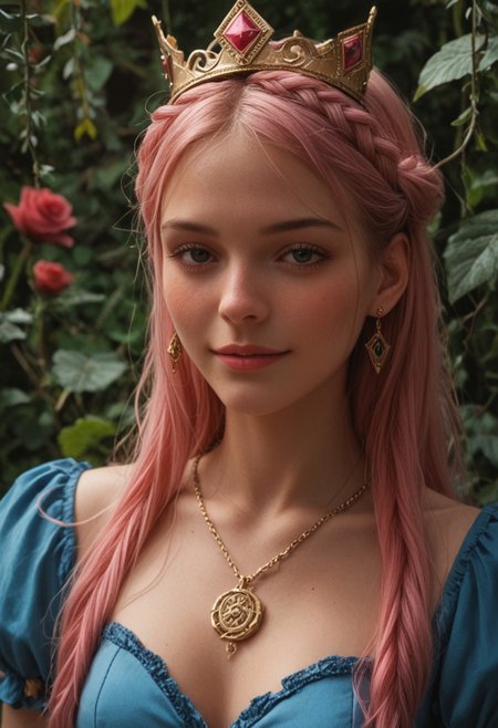 score_9, score_8_up, score_7_up, score_6_up, 
1girl, 25 years old, perfect face, (adult), sexy, 
dark eyes, 
pink hair, crown braid, golden earrings, (crown:1.2), pendant, 
frilled dress, blue dress, pink ribbon, 
vines, roses,
blush, shy smile, portrait, face focus, detailed face,