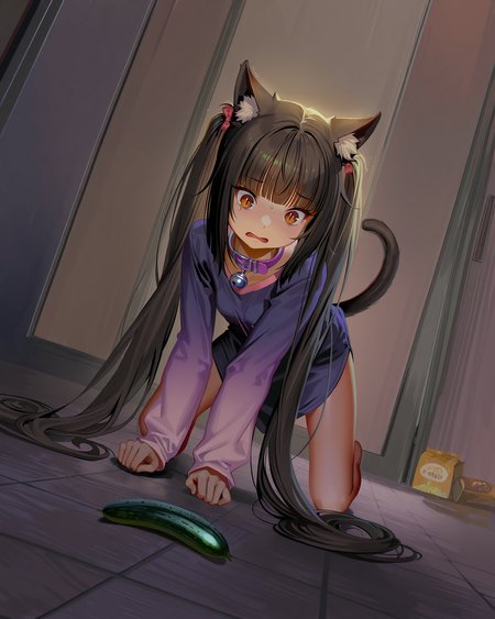 ((artist:alphonse \(white datura\):1.4), (artist:as109:0.7), (artist:ohisashiburi:1)), 1girl, (chocola \(nekopara\)), nekopara, looking at cucumber on floor, scared of cucumber, terrified, tail raised, masterpiece, best quality, amazing quality, vibrant,<lora:illustriousXL_stabilizer_v1.93:0.5>  dutch angle, brown eyes, very long hair, twintails, (artist:sayori \(neko works\):0.6), slit pupils, neck bell, collar,