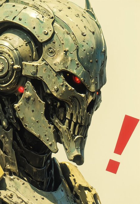 This is a vintage-style photograph of an imposing mech or robot's helmet, captured in exquisite detail with a stylized cyberpunk aesthetic. The helmet is a masterpiece of translucent, crystalline textures, glowing softly in pale yellow and faint green hues. Its angular design features intricate engravings and holographic details, refracting fragmented beams of light in a surreal, ethereal display. The lighting is volumetric, casting soft, diffused glows and subtle shadows that emphasize the helmet's futuristic, otherworldly nature.
A vivid red exclamation mark hovers above the helmet, glowing intensely, creating a stark contrast against the mech’s subdued colors and adding a sense of urgency. The background is a minimalist off-white, further enhancing the mech’s bold, neon-glowing presence. The photograph carries a vintage quality, with soft grain, faded edges, and slightly overexposed highlights, giving the scene a painterly yet cinematic feel that blends retro aesthetics with futuristic design.