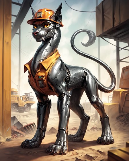 score_9, score_8_up, score_7_up, intricate details, rating_safe, science fiction, 
<lora:CALM_PonyXL_4image_125steps:0.7>, calm style, source_cartoon, source_western,
robot sphinx, feral furry, looking at the viewer, smiling, construction worker, machine, metal skin, hard hat, segmented, male, carbon fiber, hexagon pattern, solo, looking at the viewer, cowboy shot, construction site, depth of field, detailed background, 
<lora:ral-chrosc-clr:0.3>, ral-chrosc-clr,
<lora:xl_more_art-full_v1:0.3>,
<lora:add-detail-xl:0.3>
