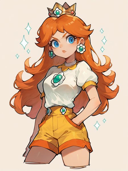 score_9, score_8_up, score_7_up, score_6_up, score_5_up,  <lora:PrincessDaisyXLP:1> princess daisy, 1girl, earrings, solo, blue eyes, crown, long hair, orange hair, shorts
