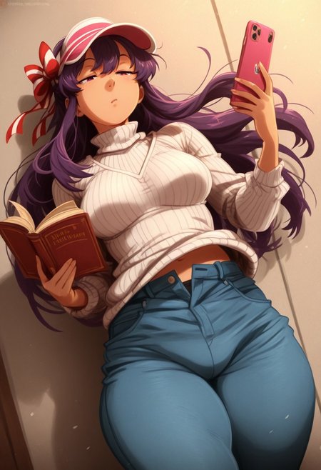 khyle,, holding phone,  open pants, striped bow, visor cap, turtleneck sweater, half-closed eyes, long hair, open book,  breasts, v-neck, wind lift, thick thighs, 1girl, solo, dynamic angle,