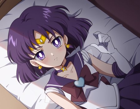 score_9, score_8_up, score_7_up, source_anime, <lora:hotaru-tomoe-eternal-movie1-ponyxl-lora-nochekaiser:1>, hotaru tomoe, purple eyes, short hair, purple hair, circlet,, brooch, choker, earrings, gloves, jewelry, magical girl, miniskirt, purple sailor collar, sailor collar, sailor senshi uniform, skirt, star choker, white gloves,, indoors, bed, bed room, on side, blush, drunk, looking at viewer, solo,, cowboy shot, dutch angle