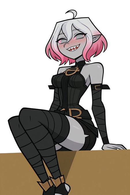 masterpiece,best quality,amazing quality, BREAK, BriarLoLILXL, grey skin, colored skin, no pupils, grey eyes, pink sclera, white hair, pink hair, two-tone hair, gradient hair, short hair, hair between eyes, ahoge, pointy ears, sharp teeth, medium breasts, bare shoulders, black thight dress, detached sleeves, black bandaged sleeves, black shorts, belt, (black bandaged legwear), toeless legwear, (solo), sitting, ((bellow view)), looking at viewer, seductive smile, naughty face, nose blush, white background, simple background  <lora:BriarLoLILXL:1>, TotalDramaStyleILXL <lora:TotalDramaStyleILXL:1.2>