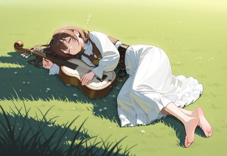 masterpiece, best quality, 32k, high resolution, absurdres,  bard, dress, instrument, sleeping, lying, on grass, barefoot, soles