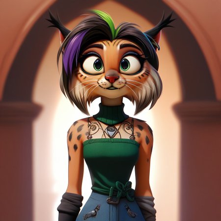 digital_media_(artwork) hi_res, score_9, score_8_up, score_7_up, score_6_up, score_5_up, score_4_up, rating_safe, beautiful, intricate, high quality details, highly detailed, amazing quality, anthro, furry, female, detailed textured fur, fur tufts, fluffy,  cute, cute face, small, detailed sexy eyes, solo, SFW, lynx, expressive, sassy, long sleeveless halter neck sweater, baggy denim pants, clothed slim, clothed slender, clothed skinny, multicolored hair, streaked hair, absurdres, highres, goth, heavy eyeliner, heavy eye shadow, breasts, fingerless gloves, sleeveless leather jacket, vivid colors, by zazush-una