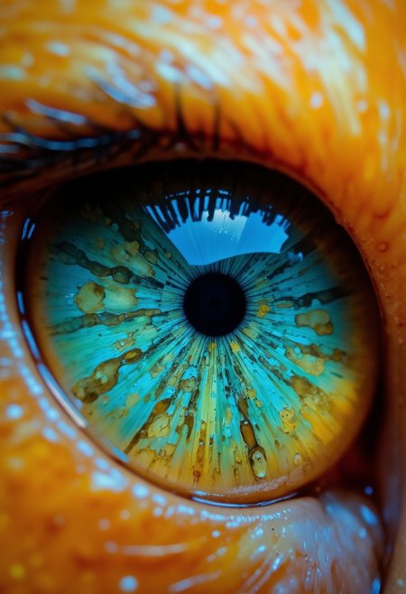 Focus on the textured surface of a cats eye, capturing the dense network of tiny, repeating dimples that create a fractal-like pattern. Use an ultra macro lens to isolate a small section of the eye,emphasizing the tactile detail of its surface. Side lighting enhances the dimensionality of each line, casting subtle shadows across the orange’s vibrant skin.
Position the camera to balance symmetry and organic randomness, creating a dynamic yet harmonious composition. The vivid teal hue dominates the frame, with blurred highlights in the background adding a sense of warmth and depth. This close-up transforms an everyday object into a study of micro-scale fractal beauty.