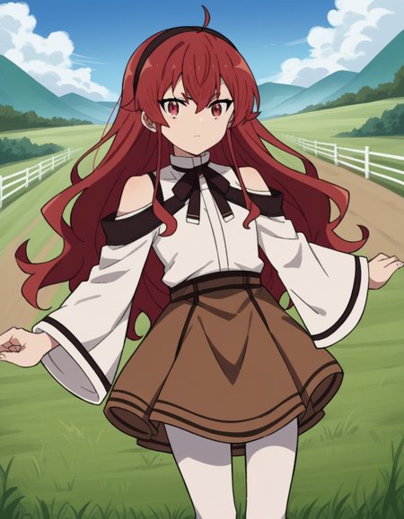 score_9, score_8_up, score_7_up, source_anime,
erisgreyrat, <lora:eris-boreas-greyrat-s1-ponyxl-lora-nochekaiser:1>,
eris greyrat, ahoge, hair between eyes, long hair, red eyes, red hair, sidelocks,
black hairband, black ribbon, brown skirt, hairband, long sleeves, neck ribbon, pantyhose, ribbon, shirt, shoulder cutout, skirt, white pantyhose, white shirt, wide sleeves,
outdoors, landscape, farm,
looking at viewer, dutch angle, cowboy shot,