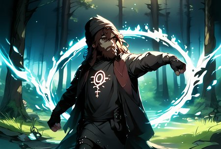 score_9, score_8_up, score_7_up,,  good quality ,, character focus, solo, , best quality , detailed background, dark scene, extreme darkness, no light, no light source,  <lora:SpellBindPony:1> white spell bind  <lora:Glowing_light:1> gl, ((dark scene, barely visible,no light, forest at night, night woods,))  <lora:jeezo:1> jeezo, male focus, facial hair, beard, brown hair, long hair, beanie, black fingerless gloves, long  jacket, black headwear, black jacket, long sleeves, , Bandolier,, stretching arm,  full body, cowboyshot,  <lora:dark_v1.9-pony:1.3> dark theme, dim lighting,