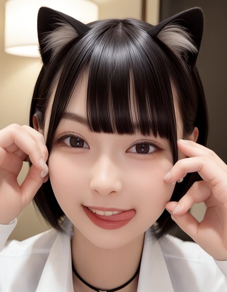 score_9, score_8_up, score_7_up,
(Composition from the chest up),
Beautiful Japanese Girl, Bobcut with bangs, Puffy face,
Looking At Viewer, Cat pose, cat ears,
It's a subtle and flirtatious expression, Wink, close one eye, 
White collared blouse, Illuminated hotel room, 
sticking out side tongue, peromilk, <lora:peromilk:0.8>
