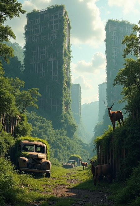 A post-apocalyptic world where nature has reclaimed the remnants of human civilization. Overgrown skyscrapers covered in vines, rusted vehicles overtaken by moss, and wild animals roaming freely. The sky is partly cloudy with shafts of sunlight breaking through. The scene is a mix of decay and natural beauty, with hints of past human life barely visible under the lush greenery.