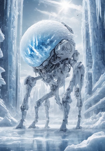 EVA-01 TEST TYPE,ultra-high precision detail,8k,<lora:ç§å¹»-éªåé»çº¢sdxl:0.6>,ice,snow,the surface of this distant planet is covered with white ice,for tens of thousands of years as the temperature drops,huge artificial urban structure stuck in ice,equipment and machinery in the city have long ceased to function,only the ice-locked form stands on the ice sheet,like a predatory monster,it shows the outline of its bones,(Masterpiece, high quality, best quality, official art, beauty and aesthetics:1.2),robot joints,exquisite,metal crystal,photon force field,