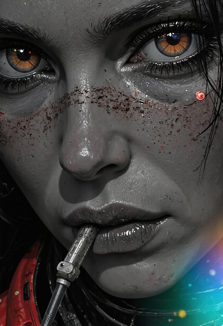 A highly detailed drawn Monochrome Manga close-up of a Sci-fi Cyborg ninja nun in 70s style with bold eyeshadow. Her face is softly illuminated, exuding a mysterious allure. The eyes are adorned with striking, DARK grey-orange eyeshadow and eye-lashes that accentuates her deep, expressive gaze. Her wired hair is tucked under a classic nun's habit, and the contrast between her simple white garment and the vibrant fantasy armor enhances the eye-catching cinematic look. Her lips are slightly parted, adding a hint of playfulness, while soft shading highlights the curves of her face. The monochrome background enhances the timeless elegance, while subtle color accents, such as a gentle glow on her lips, enhance the atmosphere of dark enchantment.
Nistyle, monochrome analog photo, extreme face close-up, a captivating ethereal nun, royal aura, alluring charm, hyper-detailed photorealistic, with vibrant neon color highlights, gray, white, and soft pastel tones.