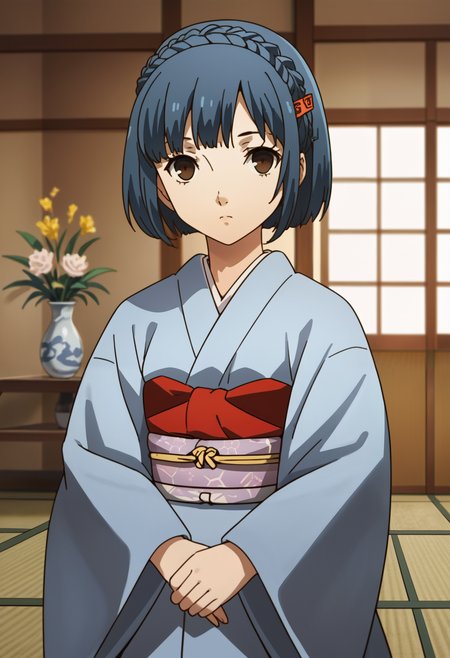 score_9, score_8_up, source_anime, 1 girl, solo, cute face,
p4aika, short hair, blue hair, hair ornament, crown braid,
japanese clothes, kimono, sash, obi, 
looking at viewer, expressionless, standing,
inside, tatami, 
masterpiece, best quality, ultra detailed,