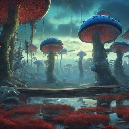 gigantic forest of blue mushrooms with blue grass reaching into the sky,  moss and creepers grow in the cracks. mystical blue sky. with the aurora borealis in the night  sky, high definition, 4k. mist has a thin layer of blood red in it. broken down futuristic vehicles litter the streets.  a gentle river flows along the scene having beautiful reflections of the environment. a bridge going across the river made of vines sits along the left side of the image.