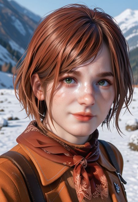 score_9, score_8_up, score_7_up, score_6_up
<lora:TLOU2Ellie:0.8>
TLOU2Ellie, <lora:RE4RAshley:0.8>
RE4Ashley, 1girl, red hair, short haircut, bob haircut, green eyes, looking at viewer, cute face, pretty face, beautiful face, pretty smile portrait, looking at viewer, standing in a field, snow falling, cold weather,