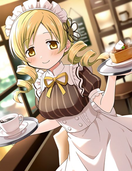 masterpiece, best quality, newest, absurdres, highres, safe, 1girl, tomoe mami \(maid costume\), magia record: mahou shoujo madoka magica gaiden, solo, tray, coffee shop, dutch angle, <lora:tomoe_mami_noobaiXLNAIXL_vPred10Version:0.7>