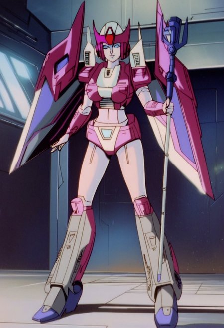 score_9, score_8_up, score_7_up, animation, transformers, 1girl, robot, Decepticon, Tall, slim, slim waist, sleek form, Seeker, Starscream glowing eyes, blue eyes, large eyes, circular eyes, white armour, forward long jet swept wings, transforms into futuristic Stealth Mig Fighter Jet, full body, cowboy shot, smiling, holding staff in right hand (small staff head), Decepticon Symbol (purple), head crown, body all magenta, bare breasts
 <lora:StarScream1.2:1>