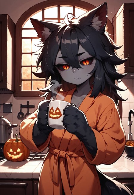 score_9, score_8_up, score_7_up, hellhound, Hellhound, monster girl, black sclera, slit pupils, animal hands, dark skin, grey skin, toned, red eyes, orange eyes, yellow eyes, black fur, short bathrobe, Halloween themed bathrobe, orange and purple bathrobe, tired expression, sleepy looking, sleepy, slightly irritated, in kitchen, kitchen, kitchen of house, holding cup of coffee, holding mug, holding cup, steam off of mug, morning time, sunrise outside window, intricate, intricate lighting, detailed lighting, solo, 1female, one female, halloween time, halloween