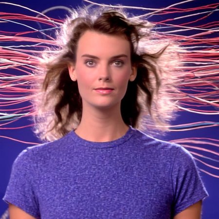 70mm shot on sony analog HDTV camera laserdisc style dorky australian brunette woman in standing in large room with cables on floor like television studio wide shot surrounded by swirling colour and sexy smirking at camera with a little wink. background is 1990s japanese beauty scenes exploding televisions electricity in background in a surreal fashion technology moving into her head cables and wires low contrast super sharp imagery