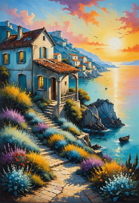 vintage, shabby, morning, dawn, cozy world, Kruskamp, Monge, Kincaid, Potter, Dali, Burton, oil, coal, provence, house by the sea, cozy and beautiful landscape, double composition, drama, tragedy, the core of magic<lora:xl_more_art-full_v1:0.3>