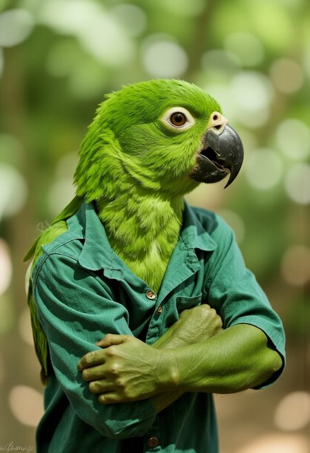 A confident parrot [perched firmly on a branch | with its human arms crossed], looking into the distance with a calm demeanor. Its (bright green feathers) shimmer against the soft, blurred jungle background. The parrot's human-like posture [adds a surreal and humorous twist | suggesting a personality much larger than life]. The contrast between the parrot's natural body and the unexpected human arms creates [a striking, comedic effect | evoking both surprise and amusement]. The subtle (lighting and shadow) enhance the detailed textures of both its feathers and the (fabric of its green shirt), giving the scene an odd yet captivating realism.