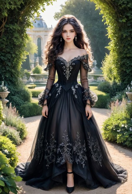beautiful luxurious woman in the Rococo style in a full-length black dress, organza, onyx with diamonds, the woman has soft powdery hair, free pose, in the garden, Versailles, perfect balance of light and shadow, gouache+ink+fine line drawing, extremely detailed, best quality, (Masterpiece: 1.5), (best quality: 1.5).