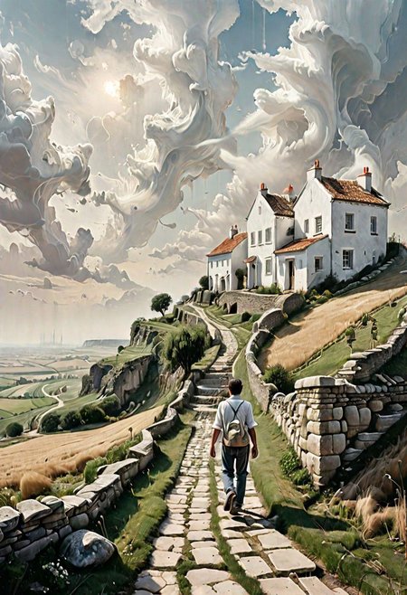 Farmland on the plains, white tint, people walking in a stone path and wall leading to some small white houses, light haze, beautiful sky, white accentuate, highest detail, crisp edges