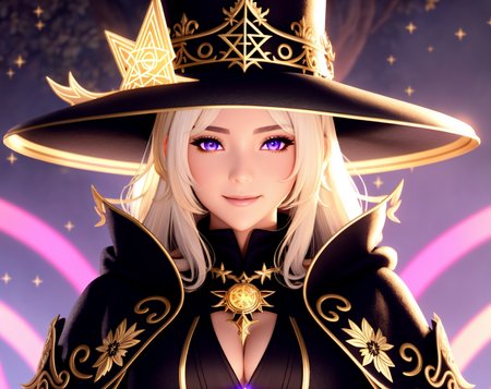 Masterpiece, 4K, highly detailed, magic, fantasy universe, final fantasy xiv black mage, beautiful woman wearing mage_glam,blonde hair,  (final fantasy black mage robes and hat, black gloves, beautiful mage robe with superb golden runes embroidery, magical runes:1.2), casting a spell,(upper body closeup:1.3), smiling at the viewer, dark haired black mage, extreme amount of detail, analog style, magical glowing colors, symmetric, centered, closeup, feminine, athletic, fit, narrow waist, high, contrasted colors,  realistic body proportions, realistic, photo-realistic, 8k, highly detailed, led light, laser lights,fruit-flavored, (thepit bimbo:0.5), glossy,anatomically correct, symmetrical anatomy,  high fantasy castle background, pixies,<lora:Mage_Glam:0.455>,