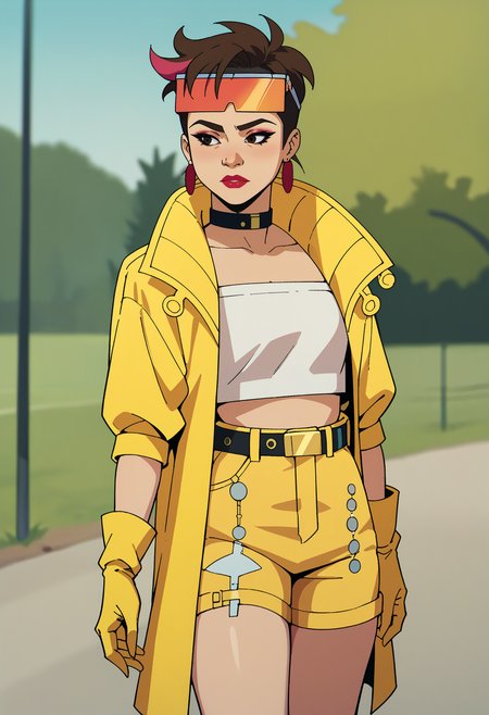 score_9, score_8_up, score_7_up, source_anime BREAK  <lora:edgAUGPonyv1:1> edgAUG, jewelry, multicolored hair, makeup, lipstick, <lora:clamJubilee_xmen97PDXL:0.8> clamJBLee97, cJsunglasses, yellow coat, crop top, yellow gloves, jean shorts, belt, choker, earrings, outdoors