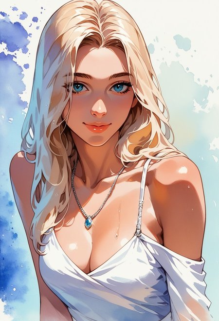 score_9, score_8_up, score_7_up, score_6_up, source_cartoon, 1girl, female, solo, femenine, petite, lean, pale skin,, soaking wet hair, smile, diaphonous white dress, bronze necklace, medium breasts, female focus, official style, close up, perfect anatomy, perfect face, standing,  abstract beauty, beautiful, centered, looking at the camera, approaching perfection, dynamic, moonlight, highly detailed, watercolor painting, artstation, concept art, smooth, sharp focus, illustration, portrait