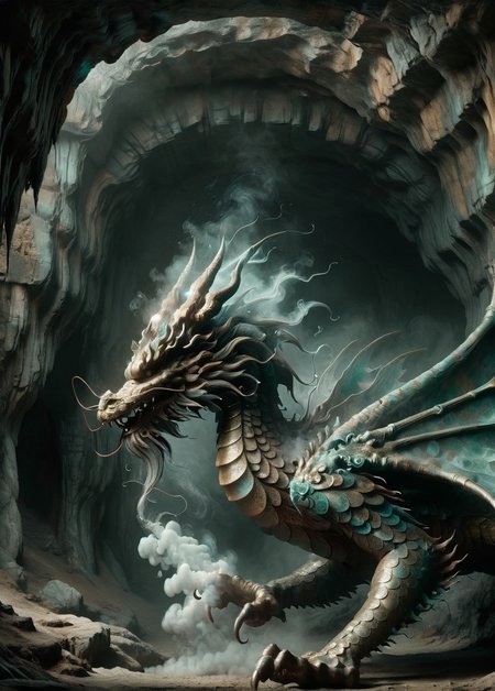 A wisp of smoke curling and transforming into an ais-trnshd dragon in a deep cave <lora:ais-trnshd-sdxl:1>