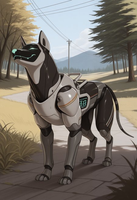 masterpiece,best quality,amazing quality, 1boy, solo, 4rchi3, robot dog, mechanical tail, outdoors,
