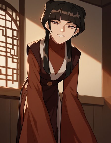 score_9, score_8_up, score_7_up, source_anime, <lora:mai-book2-ponyxl-lora-nochekaiser:1>, mai, sidelocks, long hair, black hair, lunt bangs, hair bun, double bun,, chinese clothes, turtleneck, long sleeves, wide sleeves,, indoors, bent over, smile, looking at viewer, solo, cowboy shot, dutch angle
