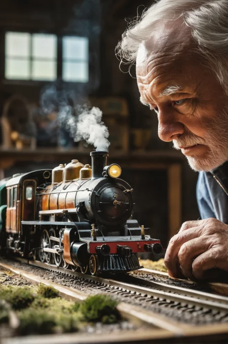 face of a rough old man partly out of frame inspecting a beautiful large and extremely detailed miniature train set, steam locomotive, tiny trees, layered, (on top of a rough wooden messy table), dusty, inside a old dust garage, hyper realistic, photorealism, rough skin, imperfections, (dark moody), vivid lighting, atmospheric haze, macro shot, extremely detailed, sunrays piercing the window, (up-close macro shot), raw photo