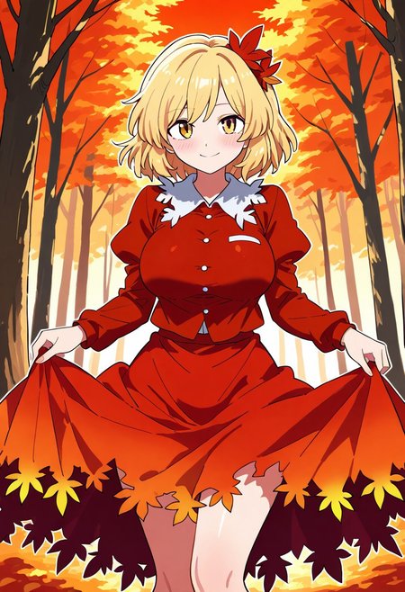 bollzzalguy style, ((forest)), ((autumn)), ((evening time)), 1girl, solo, ((standing)), ((posing)), smile, looking at viewer, ((large breasts)), (aki shizuha), blush, blondie hair, short hair, yellow eyes, red shirt, long sleeves, red skirt, leaf hair ornament, maple leaf, autumn leaves, torn clothes