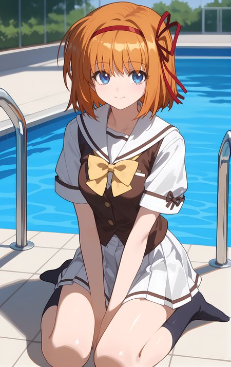 (score_9,score_8_up,score_7_up),light smile, shiny skin,ohwx, 1girl, solo, ribbon, red_ribbon, red_hairband, hair_ribbon, blue_eyes, orange_hair, short_hair, hairband, breasts,school_uniform, bow, yellow_bow, white_sailor_collar, serafuku, white_skirt, yellow_bowtie, vest, bowtie, kneehighs, socks, pool, poolside,<lora:kaede_fuyou_pony_sobsynapse-000003:1>