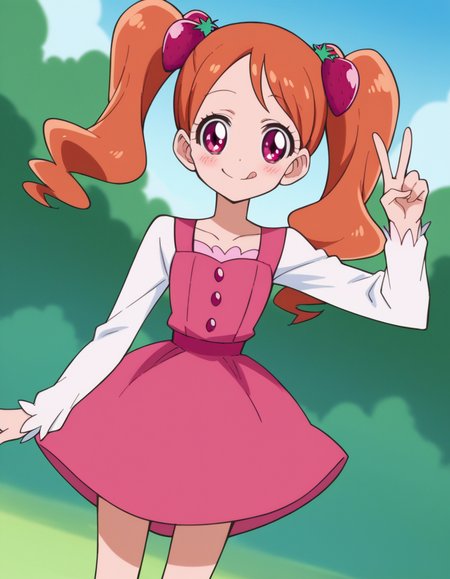 score_9, score_8_up, score_7_up, source_anime,
<lora:ichika-usami-anime-ponyxl-lora-nochekaiser:1>, ichika usami, hair ornament, twintails, pink eyes,
orange hair, long sleeves, dress, pink dress, food-themed hair ornament, strawberry hair ornament,
outdoors, smile, blush, v, v over eye, tongue,
looking at viewer, cowboy shot, dutch angle, solo,