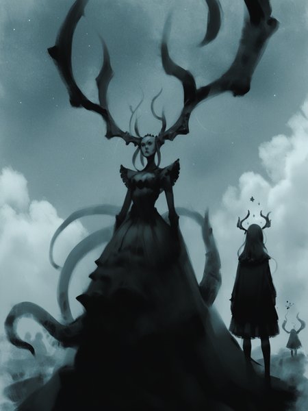 2girls antlers dress eldritch_abomination expressionless faceless frilled_dress frills horns horror_(theme) long_hair monochrome multiple_girls sepia standing star_(sky) tentacles, <lora:VladimirMatyukhinV8:0.8>, score_8_up, score_7_up