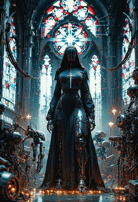 score_9, score_8_up, score_7_up, g0th1c, photograhy of a black robot nun, sexy, machine, futuristic, stern look, mechanical body parts, many individual parts, polished metal, many white glowing wires, holy light, apocalyptic, in a dark huge cathedral, full body shot, low angle shot, depth of field, highly detailed, high contrast, film grain, volumetric light, dim light, <lora:zy_Realism_Enhancer_v1:0.75>, <lora:add-detail-xl:2>, <lora:g0th1c2XLP:0.8>, <lora:xl_more_art-full_v1:0.5>