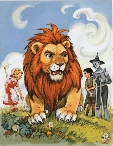 <lora:LV_NEW:1>, A timid Lion crouching in a meadow, his mane styled like a crown but his eyes wide with fear. Dorothy, Toto, Scarecrow, and Tin Woodman stand nearby, offering reassurance. Style: Vladimirsky's expressive character poses and dynamic composition. The grass is textured with fine brushstrokes, and the sky has swirling clouds. Include subtle floral motifs in the borders, lighting