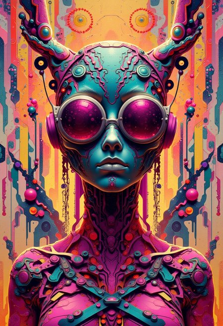 A beautiful blonde crowd, and digital artwork by Beksinski, photo taken on hasselblad, futuristic outfit dress, ultra HD photography of a surrealist psychedelic malformed creature , still from alita, japanese art, cinq terre, ryan meinerding, surreal photo,  house in patterns appears detailed, abstract, still from alita, japanese art, cinq terre, ryan meinerding, photo taken on hasselblad, cameron, flat surrealism, ultra detailed, cell shaded, 8k. The composition includes overlapping circles, sharp-edged polygons, and fluid lines, all interwoven to create a sense of rhythm and flow.,
lot of brown color, pink color, blue color, little of black color, very little of red color