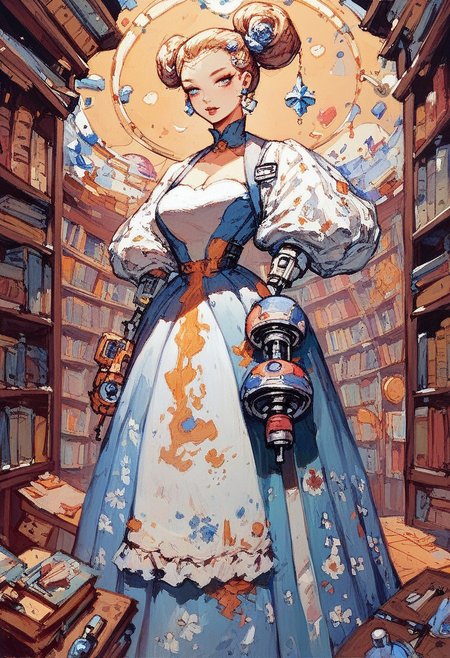 score_9, score_8_up, score_7_up, score_6_up, wide shot, gorgeous woman, librarian, 1girl, mechanical parts, renaisance dress, insane library, 
in the style of kim-jjung gi, 
, oil painting by norman rockwell .