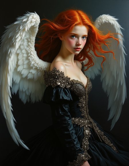 masterpiece, high quality, Oil Painting, teen female angel wearing an ornate black and silver dress. Flowing red hair, blue eyes, feathery white angel wings,  Focus on the girl, shadow and light, Masterpiece, intricate lines, intriguing atmosphere, sharp magnificent details, delicate features, elaborate details, (2\3 rule composition:0.5), ultra detailed, romantic, Rembrandt lighting, brush stroke, lovely, del1cate_balance style, in the style of Rembrandt. vantablack <lora:style_of_Rembrandt_FLUX_135:.8> <lora:- Flux1 - vanta_black_V2.0:.8> <lora:Delicate_Balance:.3> <lora:neeeg_f1:-.5>